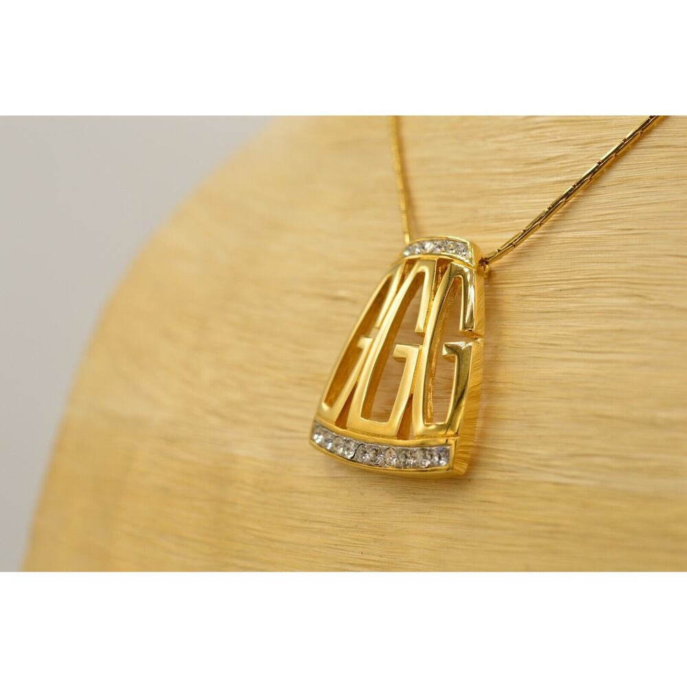 Givenchy Vintage Logo Pendant Necklace G Crystal Gold Signed NOS 80s 1980s Bin8 - Picture 5 of 12